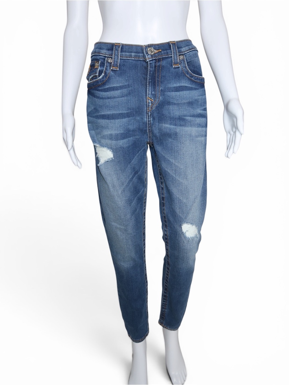 True Religion Women's Distressed Cropped Blue Jeans